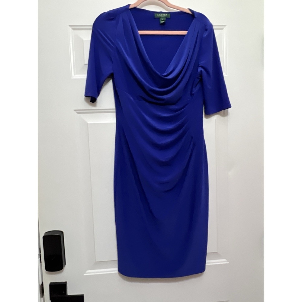 Lauren Ralph Women Dress 10 Blue Surplice Jersey Classic Ruched Preppy Office